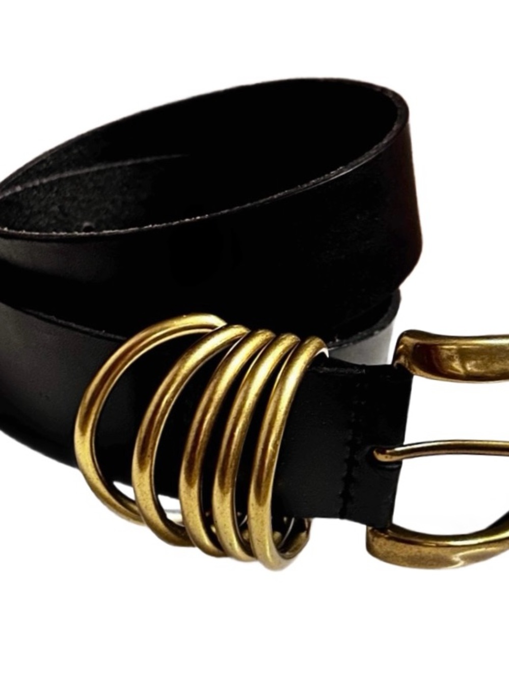 Anthropologie ~ Women’s Large ~ Black Cow Leather Belt W/ Multi Gold D- Rings